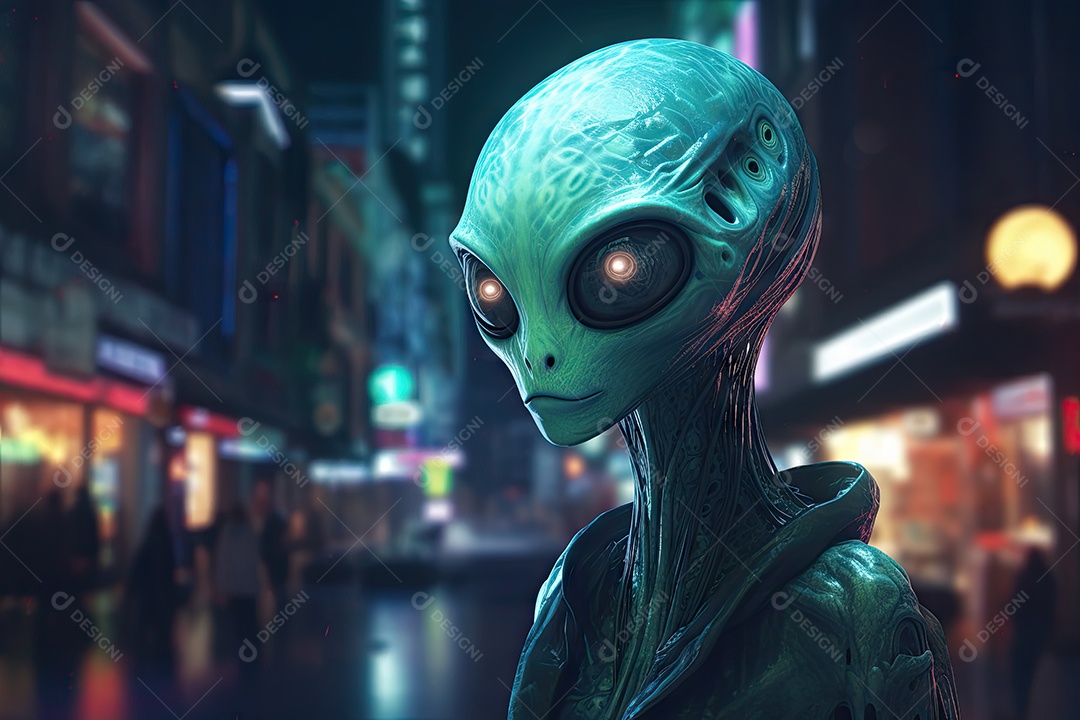 Alienígena nas ruas de uma grande cidade em uma noite enevoada gerado por IA