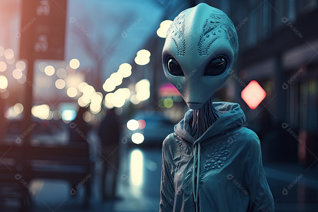 Alienígena nas ruas de uma grande cidade em uma noite enevoada gerado por IA