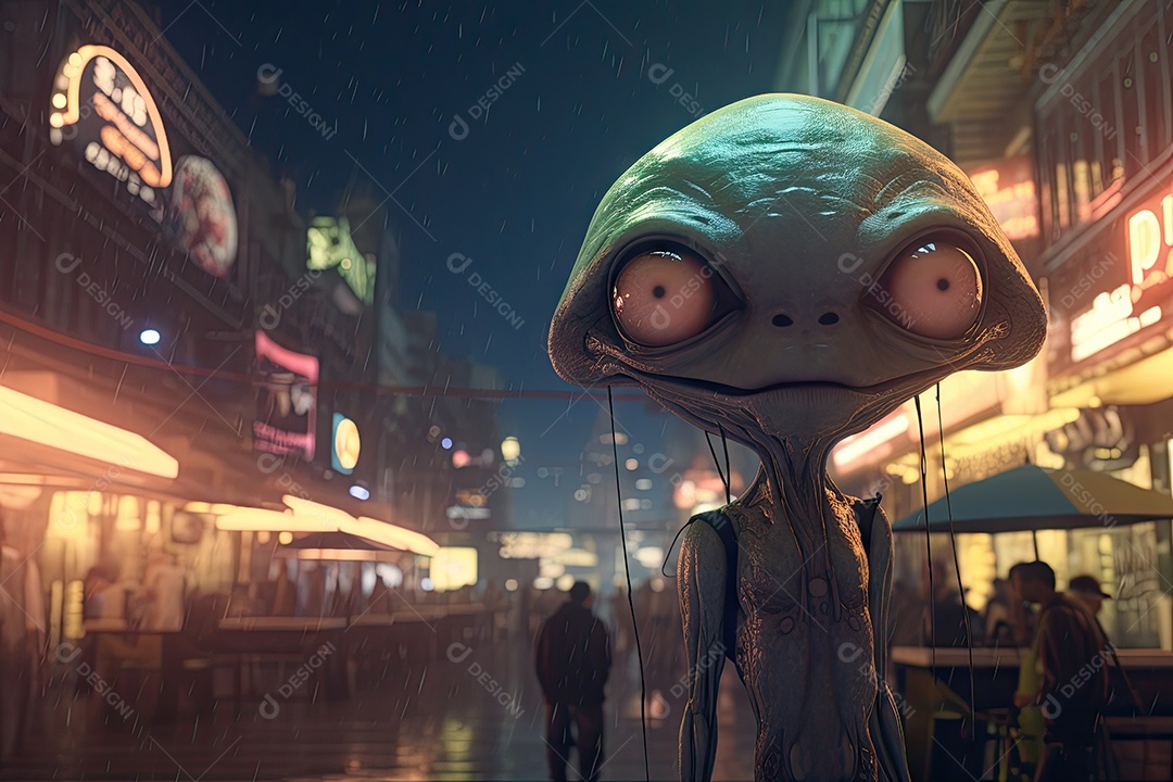 Alienígena nas ruas de uma grande cidade em uma noite enevoada gerado por IA