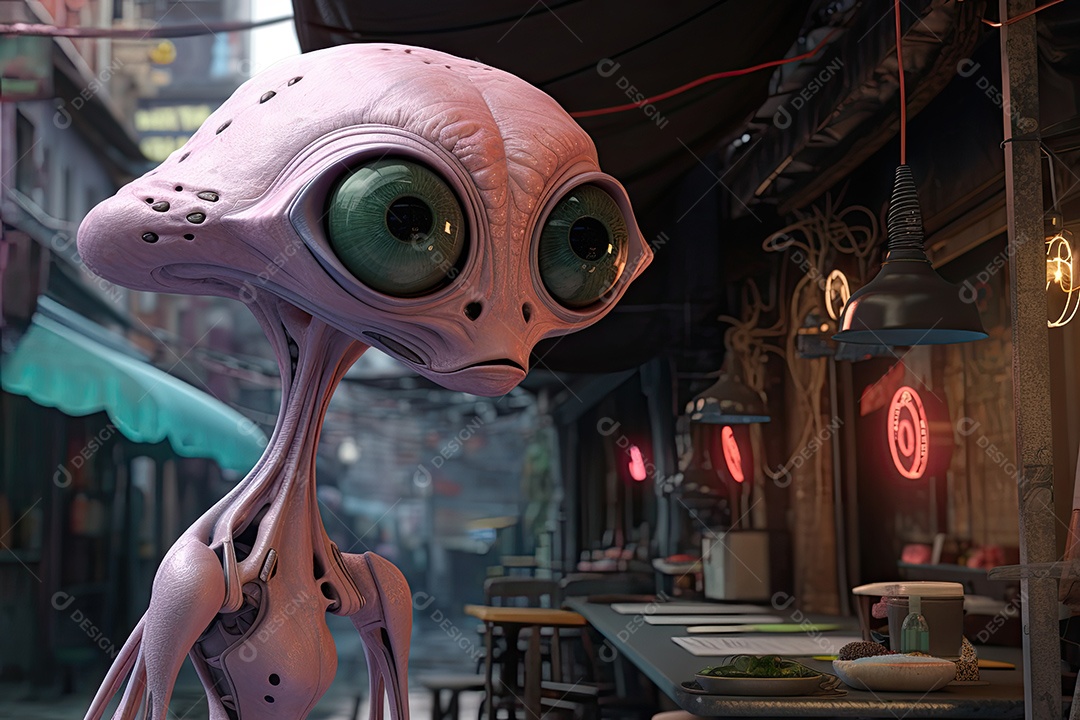Alienígena nas ruas de uma grande cidade em uma noite enevoada gerado por IA