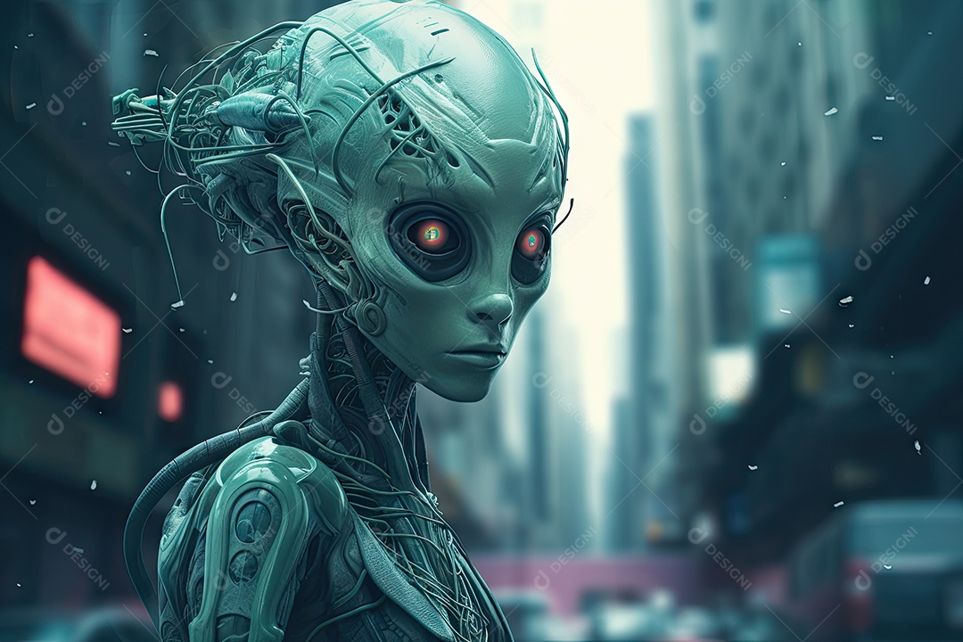 Alienígena nas ruas de uma grande cidade em uma noite enevoada gerado por IA