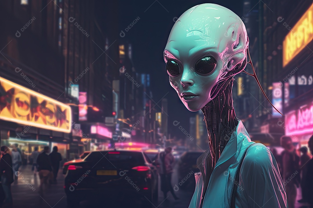 Alienígena nas ruas de uma grande cidade em uma noite enevoada gerado por IA