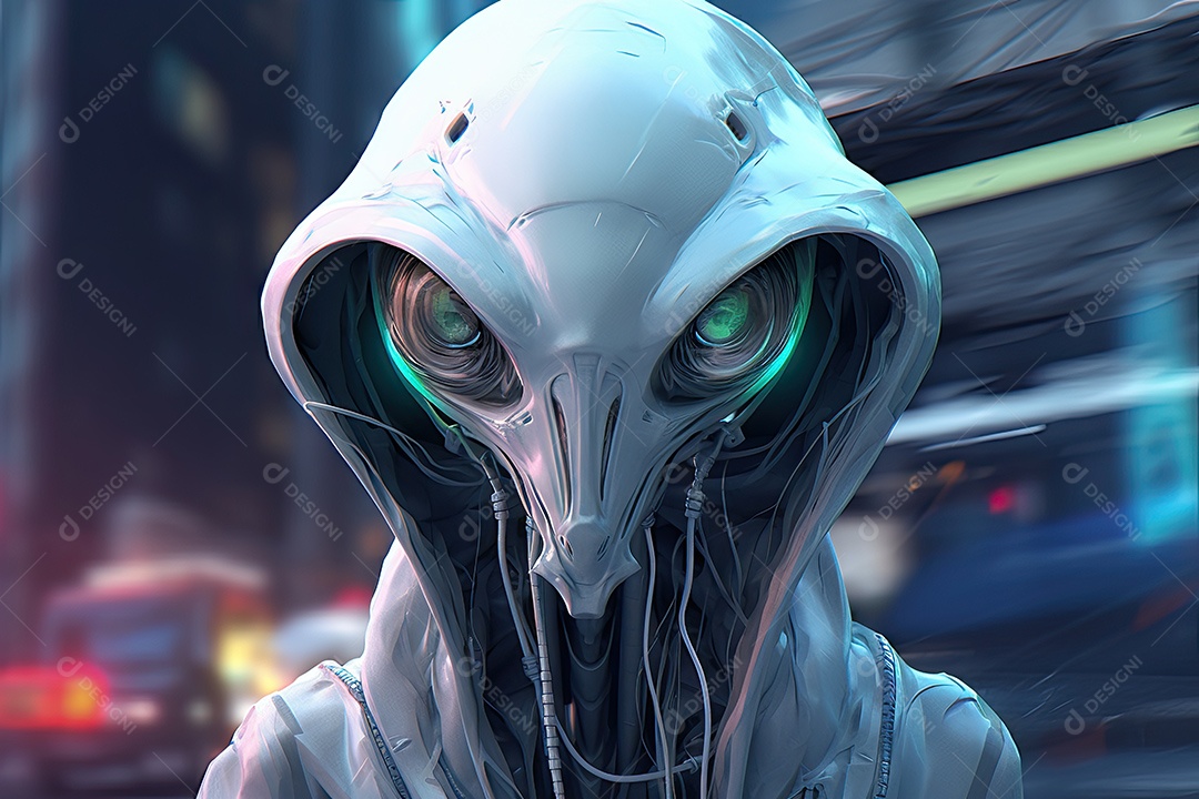 Alienígena nas ruas de uma grande cidade em uma noite enevoada gerado por IA