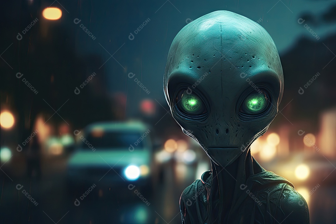 Alienígena nas ruas de uma grande cidade em uma noite enevoada gerado por IA