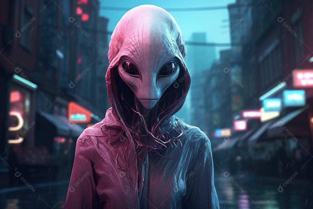 Alienígena nas ruas de uma grande cidade em uma noite enevoada gerado por IA