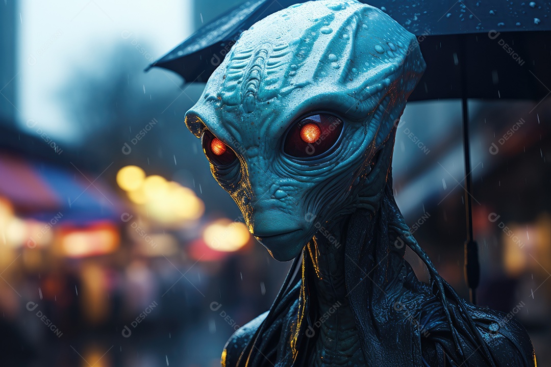 Alienígena nas ruas de uma grande cidade em uma noite enevoada gerado por IA
