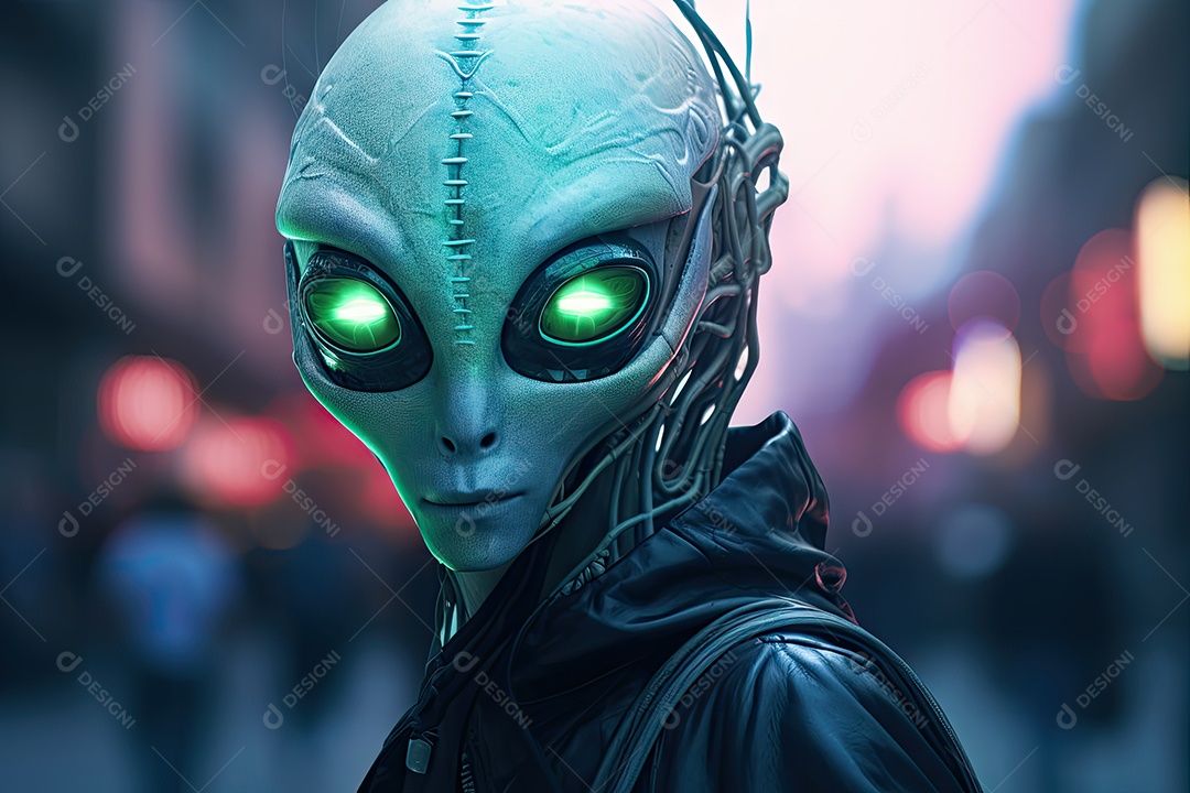 Alienígena nas ruas de uma grande cidade em uma noite enevoada gerado por IA