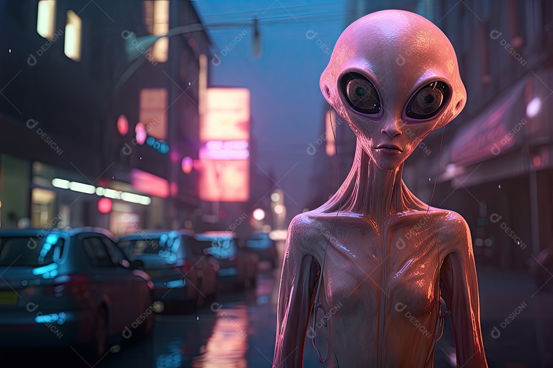 Alienígena nas ruas de uma grande cidade em uma noite enevoada gerado por IA