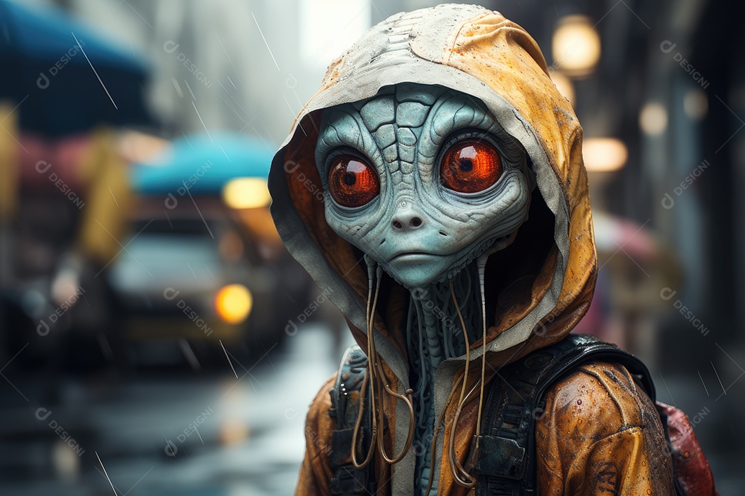 Alienígena nas ruas de uma grande cidade em uma noite enevoada gerado por IA