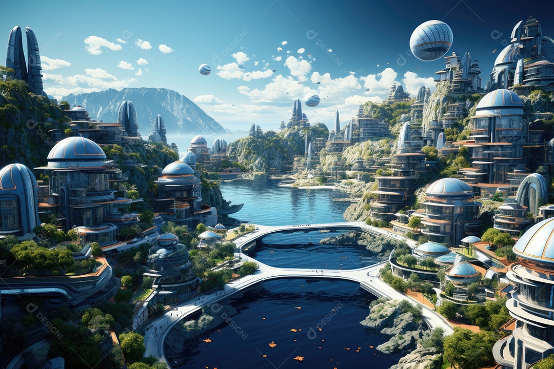 Mundo futurista de cidades e paisagens futuristas vistas de dentro gerado por IA