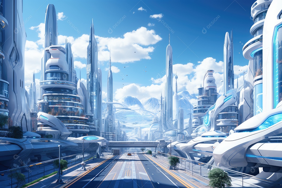 Mundo futurista de cidades e paisagens futuristas vistas de dentro gerado por IA
