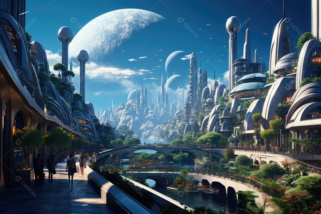 Mundo futurista de cidades e paisagens futuristas vistas de dentro gerado por IA