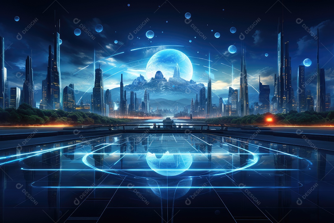 Mundo futurista de cidades e paisagens futuristas vistas de dentro gerado por IA