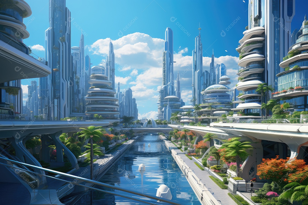 Mundo futurista de cidades e paisagens futuristas vistas de dentro gerado por IA