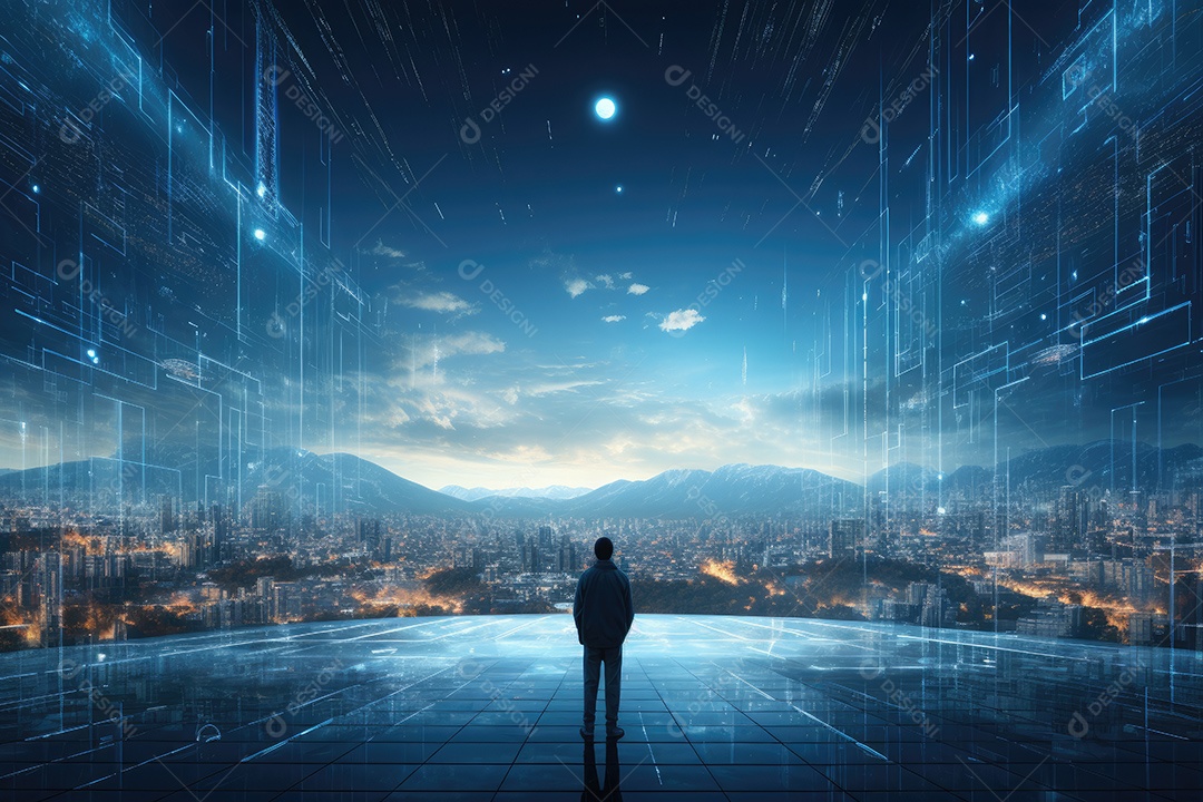 Mundo futurista de cidades e paisagens futuristas vistas de dentro gerado por IA