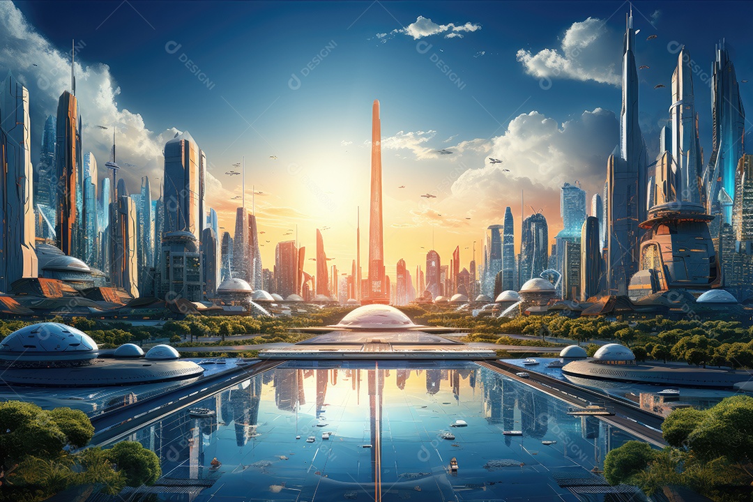 Mundo futurista de cidades e paisagens futuristas vistas de dentro gerado por IA
