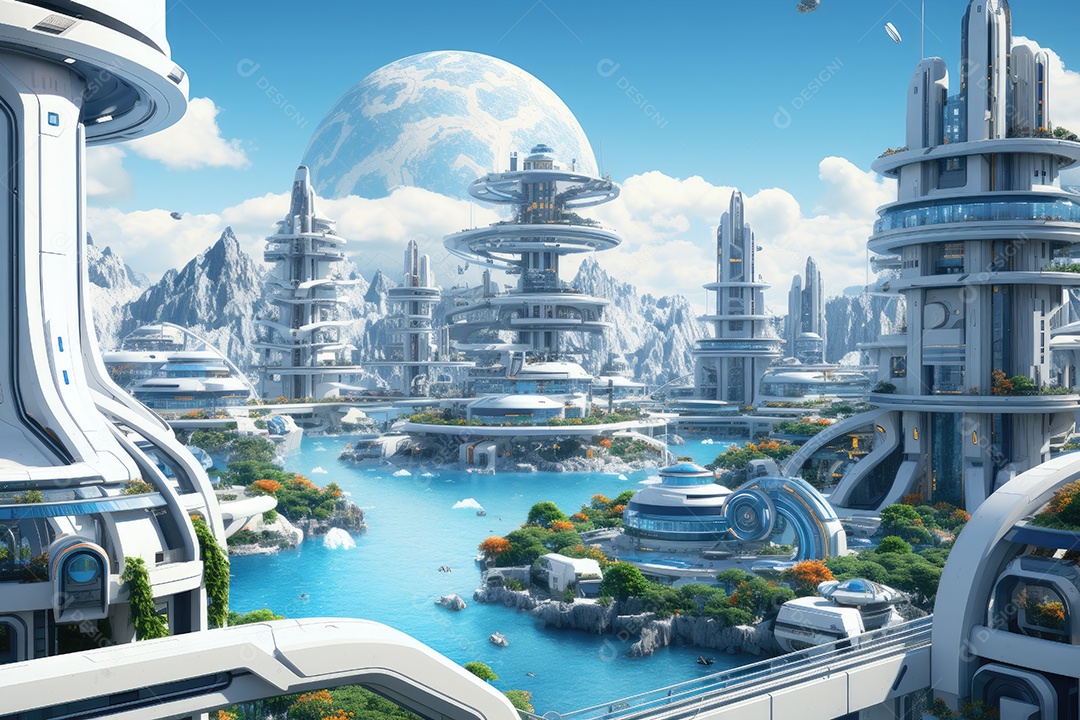Mundo futurista de cidades e paisagens futuristas vistas de dentro gerado por IA