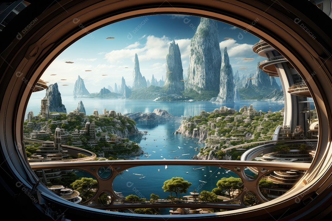 Mundo futurista de cidades e paisagens futuristas vistas de dentro gerado por IA