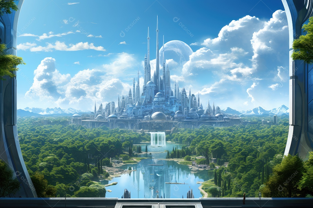 Mundo futurista de cidades e paisagens futuristas vistas de dentro gerado por IA