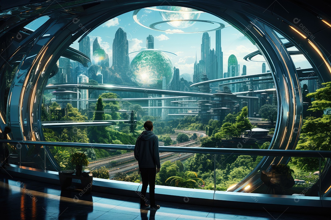 Mundo futurista de cidades e paisagens futuristas vistas de dentro gerado por IA