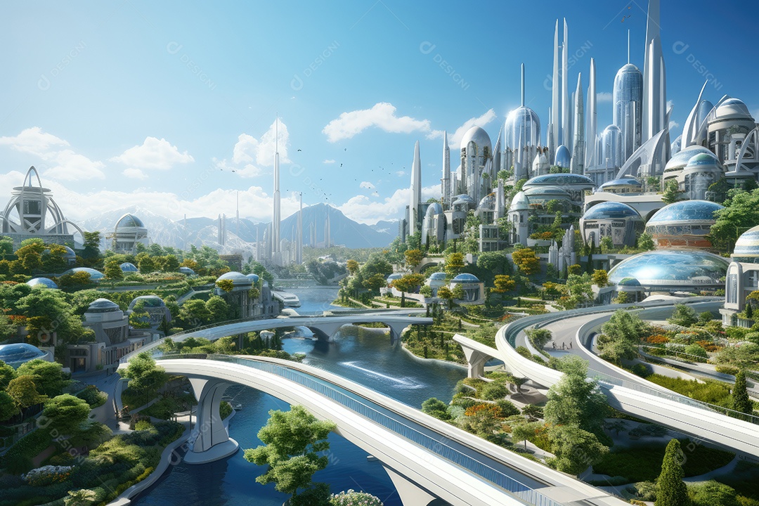 Mundo futurista de cidades e paisagens futuristas vistas de dentro gerado por IA