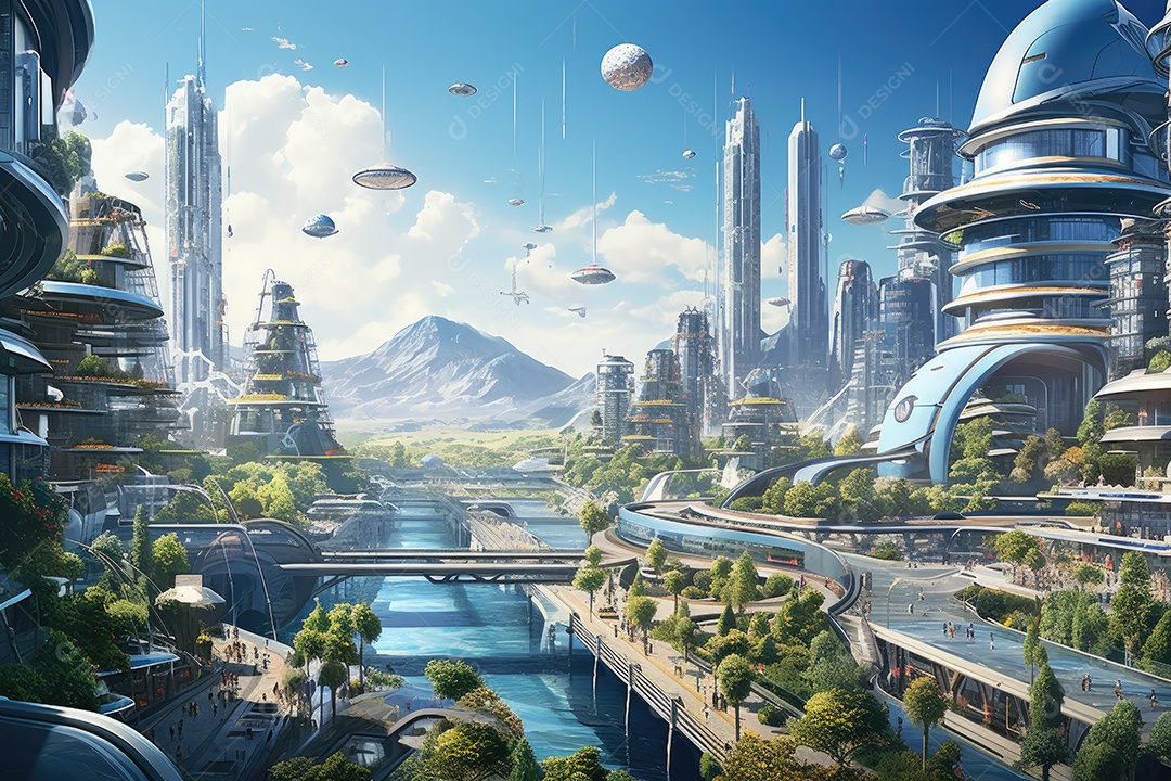 Mundo futurista de cidades e paisagens futuristas vistas de dentro gerado por IA