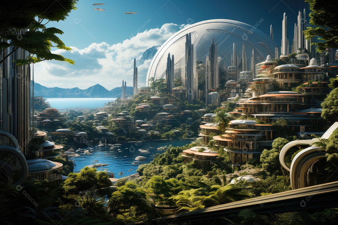 Mundo futurista de cidades e paisagens futuristas vistas de dentro gerado por IA
