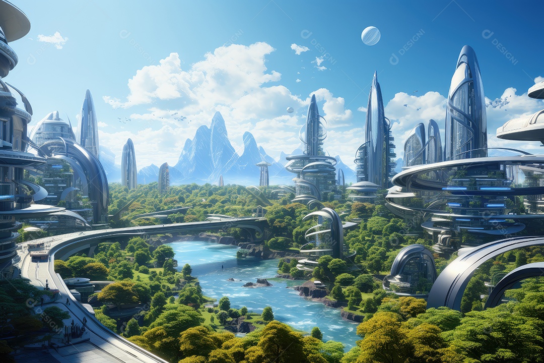 Mundo futurista de cidades e paisagens futuristas vistas de dentro gerado por IA