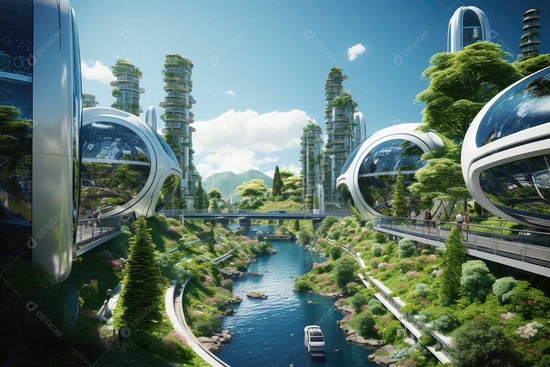Mundo futurista de cidades e paisagens futuristas vistas de dentro gerado por IA