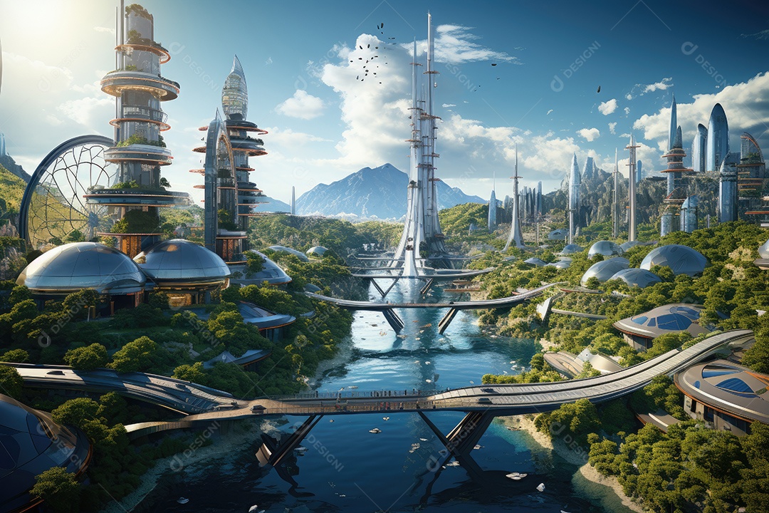 Mundo futurista de cidades e paisagens futuristas vistas de dentro gerado por IA