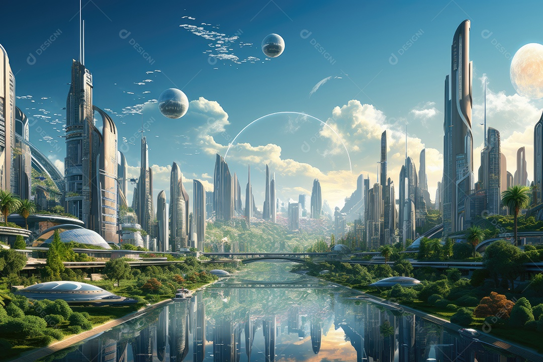 Mundo futurista de cidades e paisagens futuristas vistas de dentro gerado por IA