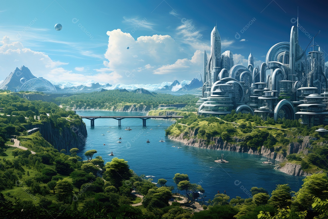Mundo futurista de cidades e paisagens futuristas vistas de dentro gerado por IA
