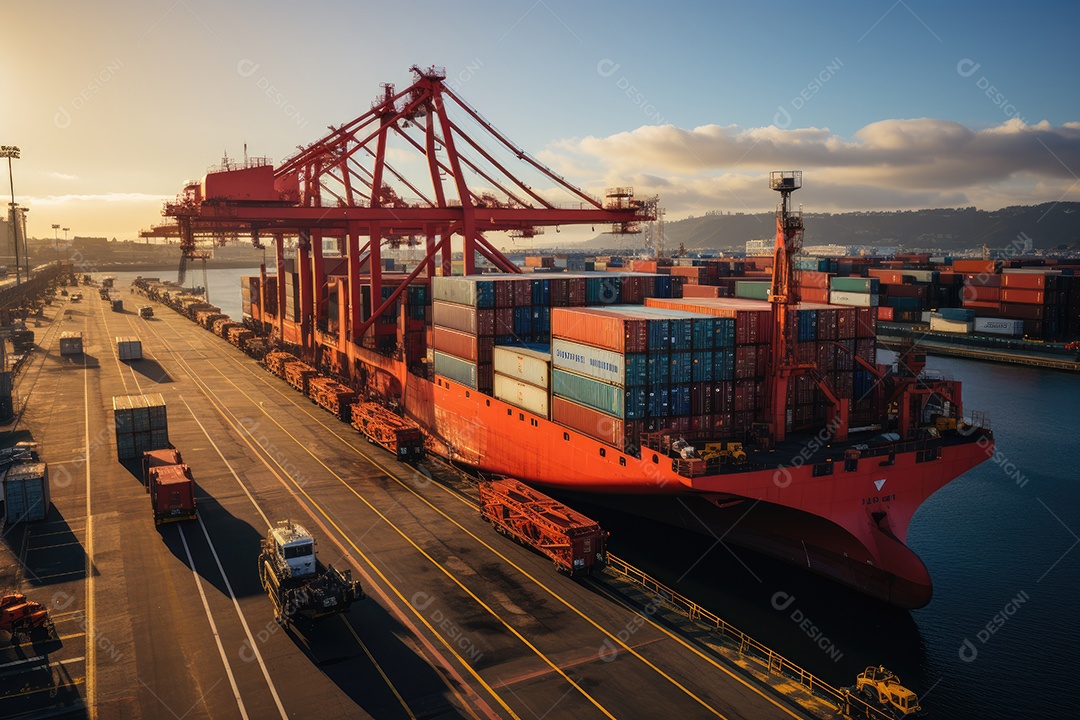 Uma imagem representando logística com um caminhão de contêiner e navio no porto