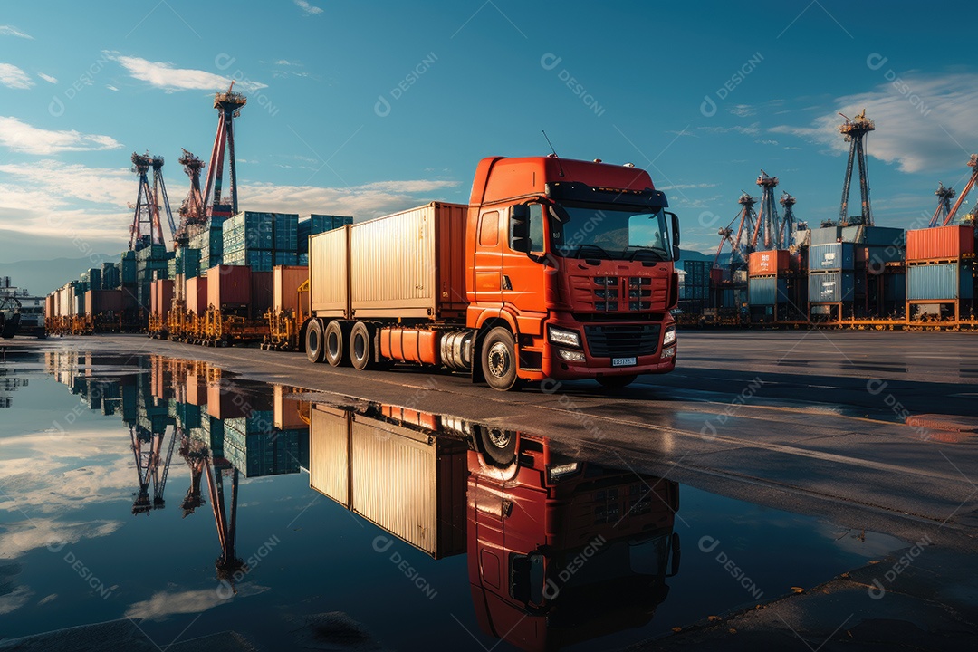 Uma imagem representando logística com um caminhão de contêiner e navio no porto