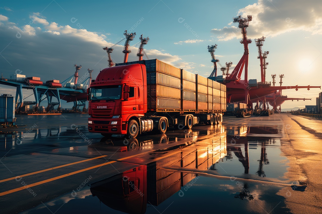Uma imagem representando logística com um caminhão de contêiner e navio no porto