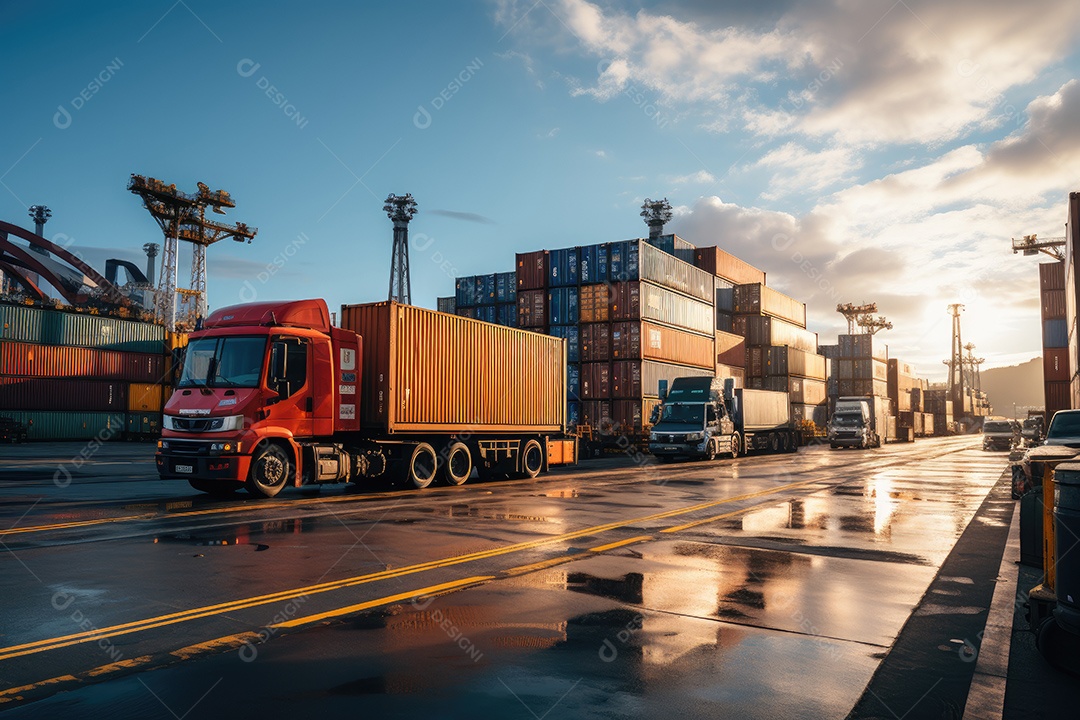 Uma imagem representando logística com um caminhão de contêiner e navio no porto