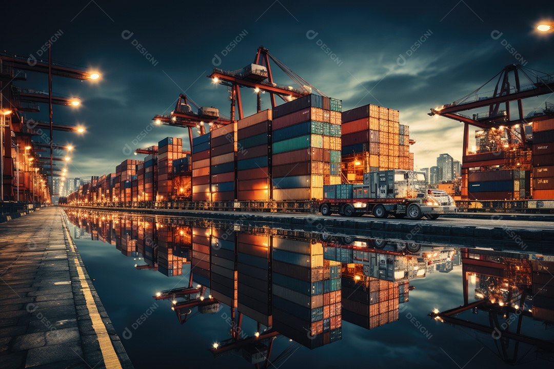 Uma imagem representando logística com um caminhão de contêiner e navio no porto