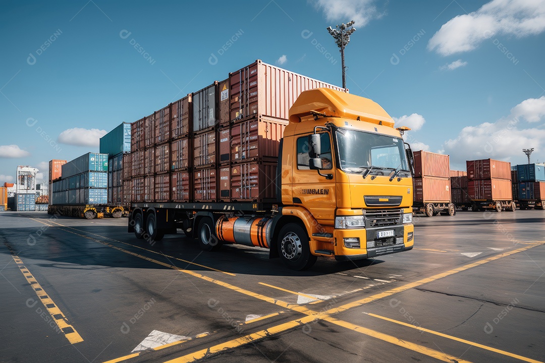 Uma imagem representando logística com um caminhão de contêiner e navio no porto