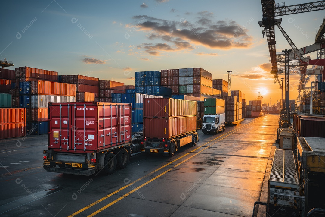 Uma imagem representando logística com um caminhão de contêiner e navio no porto