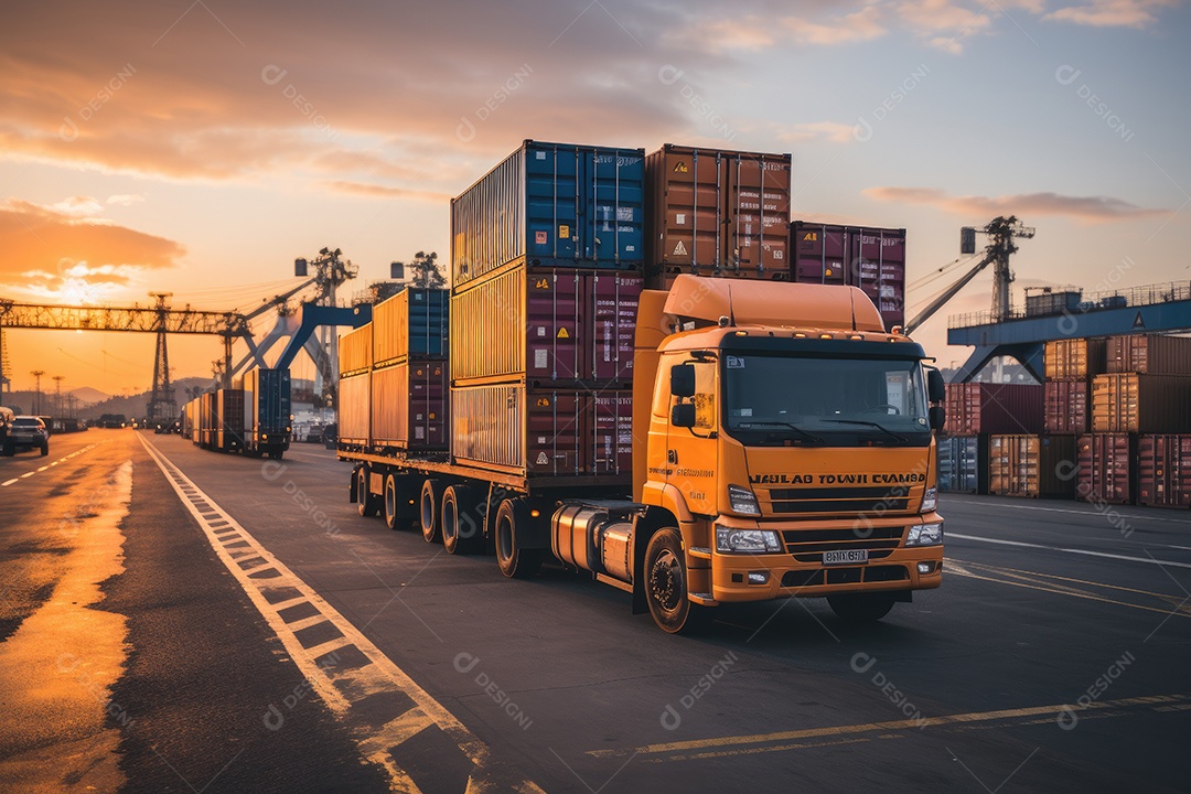 Uma imagem representando logística com um caminhão de contêiner e navio no porto
