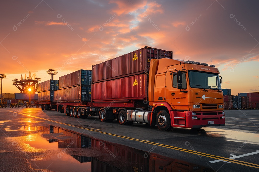 Uma imagem representando logística com um caminhão de contêiner e navio no porto