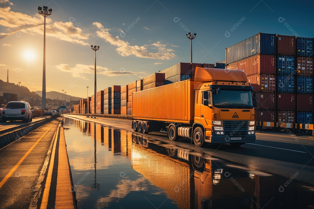 Uma imagem representando logística com um caminhão de contêiner e navio no porto