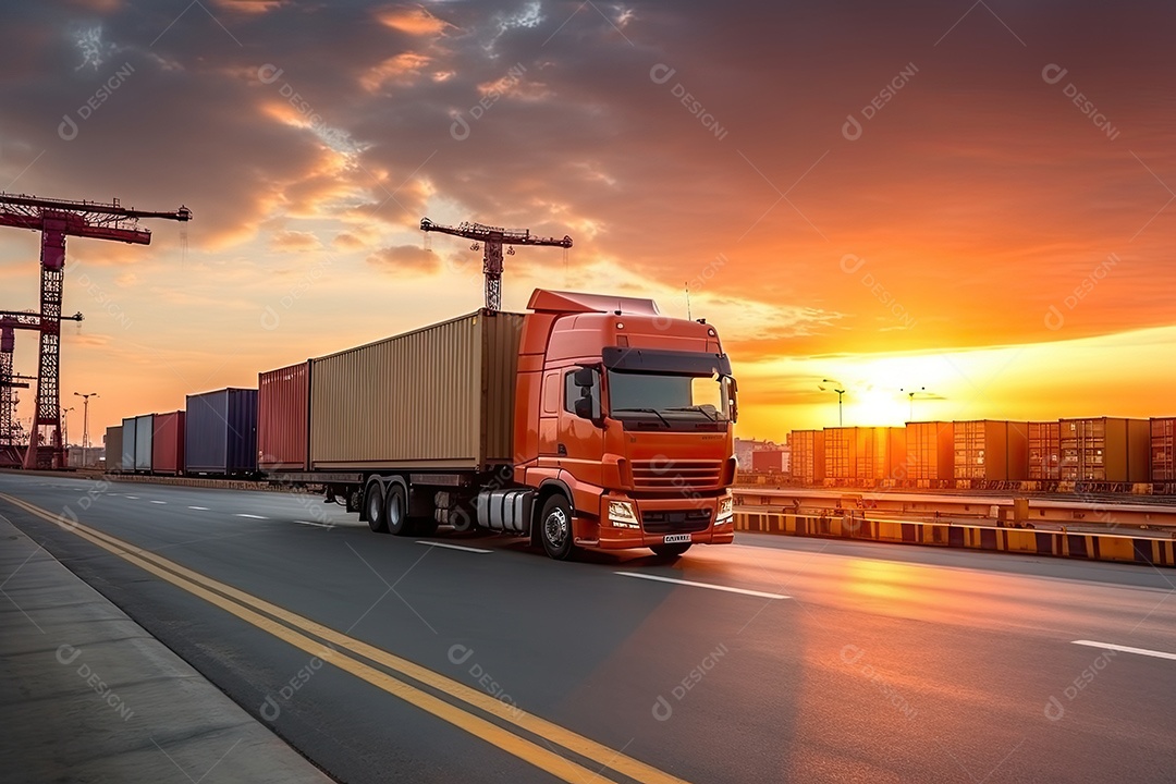 Uma imagem representando logística com um caminhão de contêiner e navio no porto