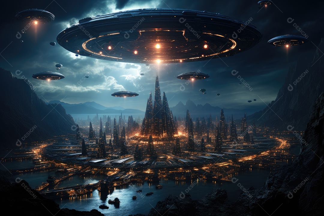 Um encontro intenso enquanto uma aeronave militar se aproxima de um objeto voador não identificado sobre um vasto oceano gerado por IA