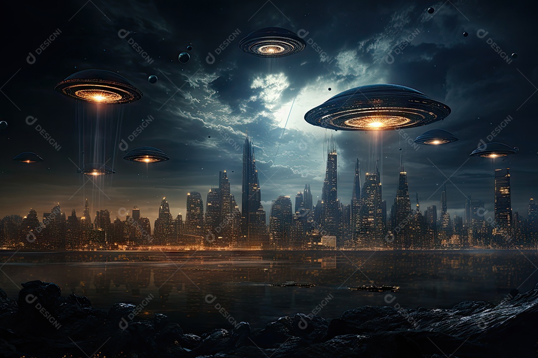 Um encontro intenso enquanto uma aeronave militar se aproxima de um objeto voador não identificado sobre um vasto oceano gerado por IA