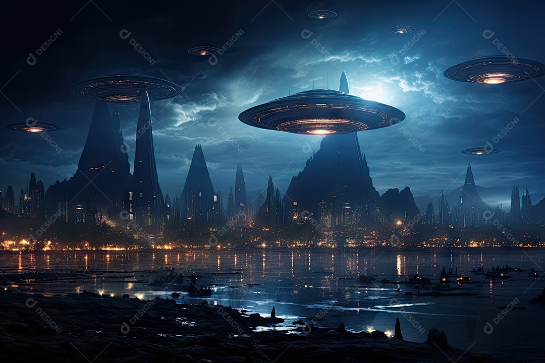 Um encontro intenso enquanto uma aeronave militar se aproxima de um objeto voador não identificado sobre um vasto oceano gerado por IA