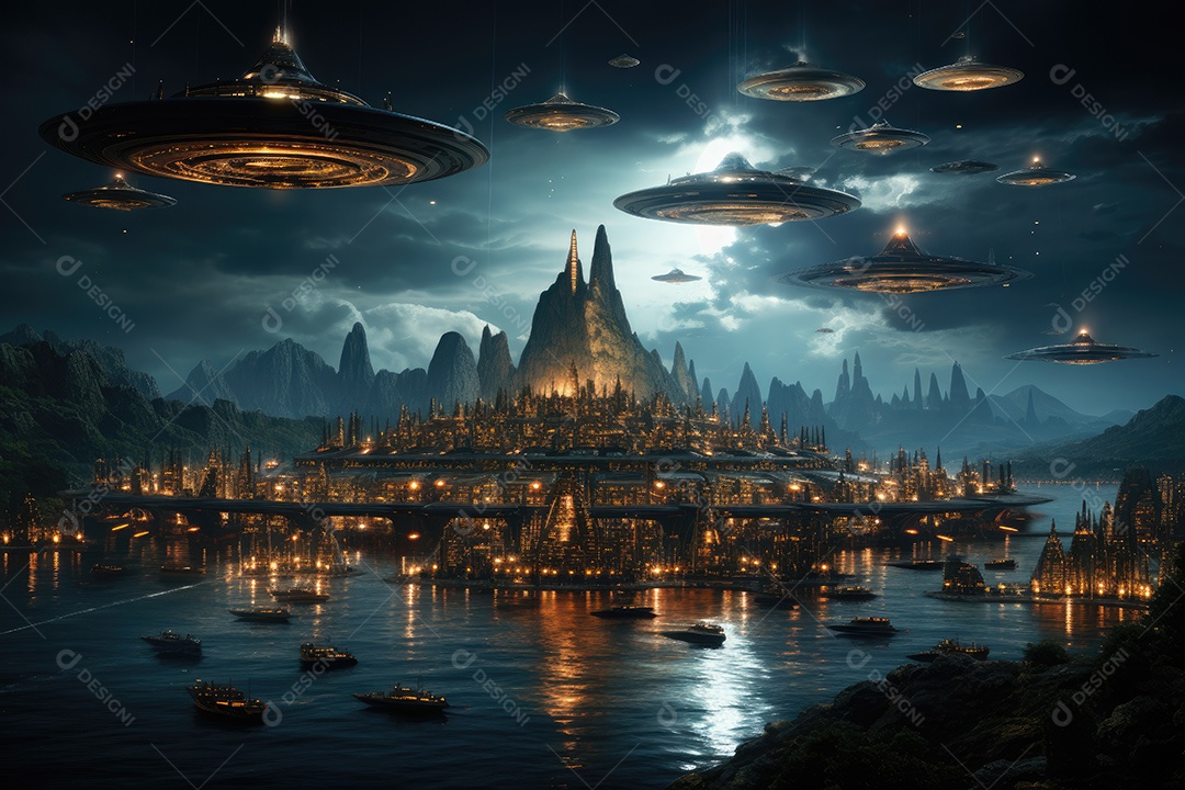 Um encontro intenso enquanto uma aeronave militar se aproxima de um objeto voador não identificado sobre um vasto oceano gerado por IA