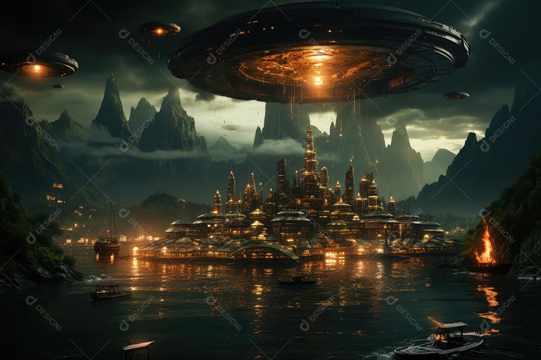 Um encontro intenso enquanto uma aeronave militar se aproxima de um objeto voador não identificado sobre um vasto oceano gerado por IA