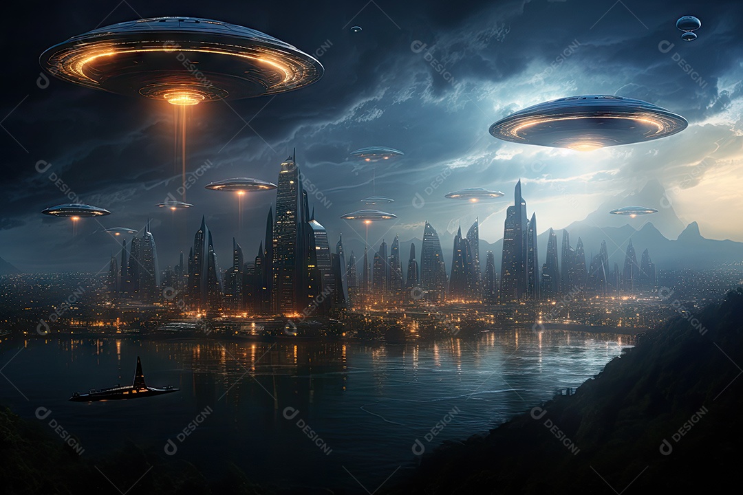 Um encontro intenso enquanto uma aeronave militar se aproxima de um objeto voador não identificado sobre um vasto oceano gerado por IA