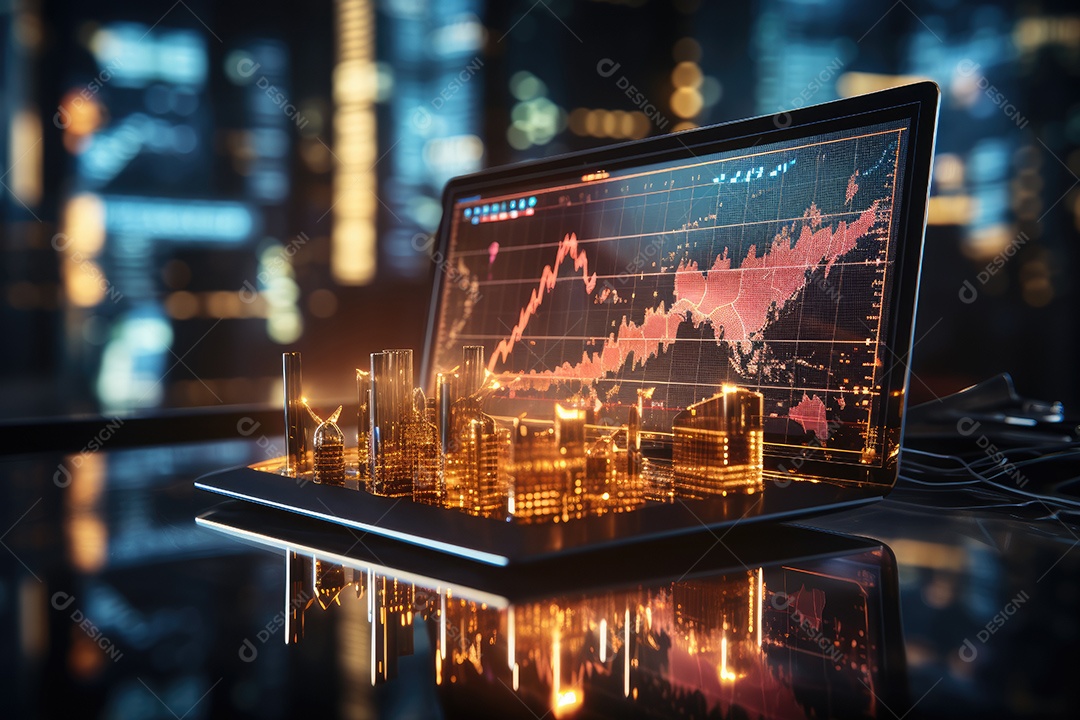 Diagramas de gráficos econômicos de segurança e financeiros em telas digitais Mercado de comércio mundial futuro e conceito econômico gerado por IA